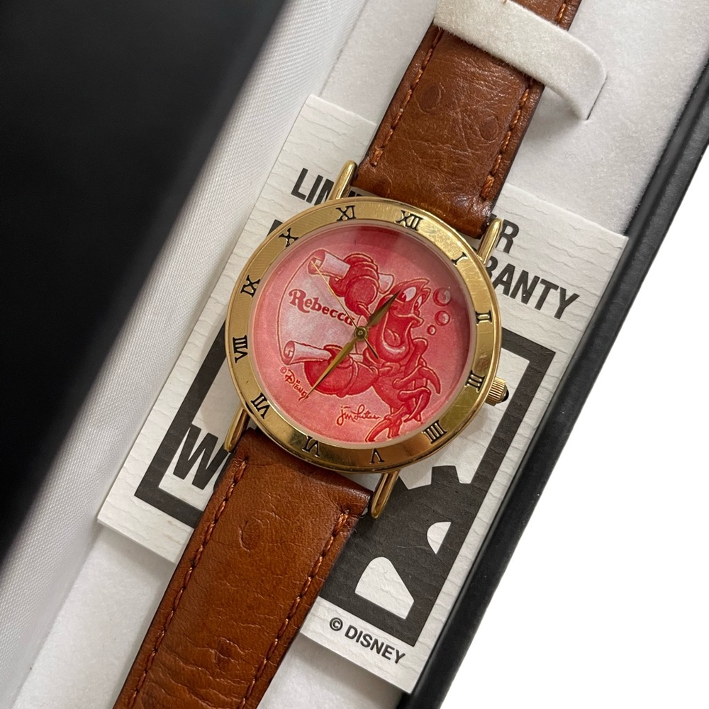 Disney Personalized Name Rebecca Sebastian Wristwatch Gold Color Brown Band 19mm